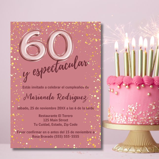 Invitación Elegante Rosa elegante Oro 60 cumpleaños Español (Subido por el creador)