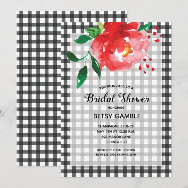 Invitación Elegante Rosa en Gingham Bridal Shower (Anverso / Reverso)