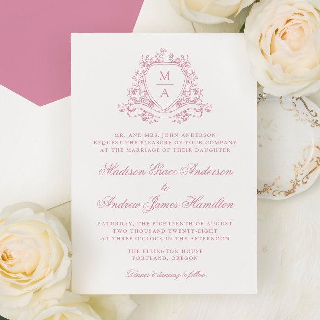 Invitación Elegante Rosa Escudo floral rosa Monograma Boda (Subido por el creador)