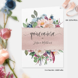 Invitación Elegante Rosa español Oro Quinceañera doblado