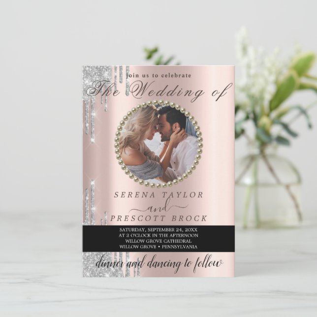 Invitación Elegante Rosa especial Boda de fotografía de oro (Anverso de pie)