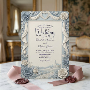 Invitación Elegante Rosa Falsa Embutida Dusty Blue Victoriana