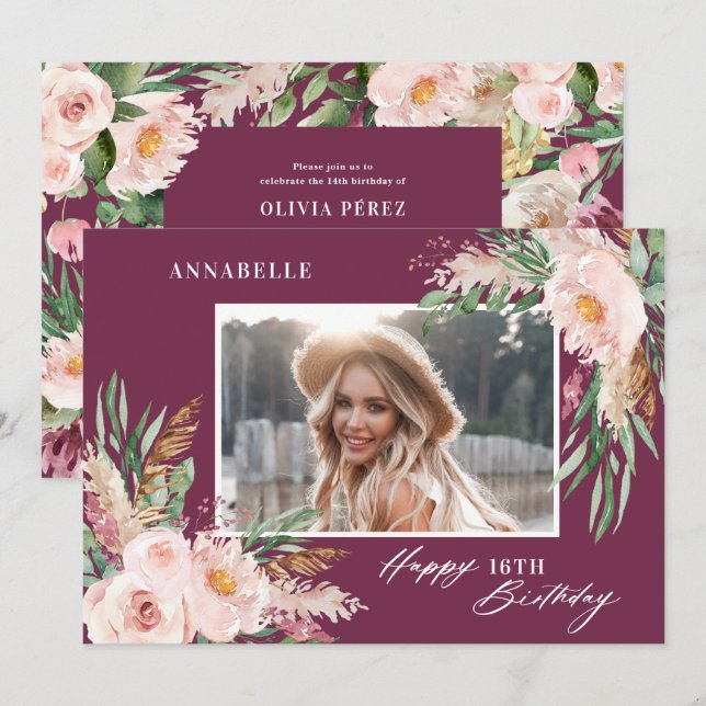 Invitación Elegante rosa fama floral moderna cumpleaños (Anverso / Reverso)