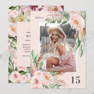 Invitación Elegante rosa fama floral moderna cumpleaños