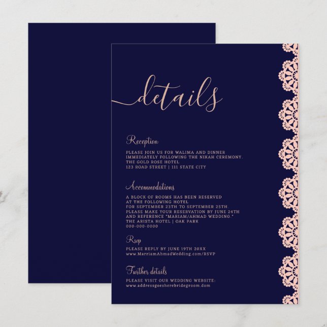 Invitación Elegante Rosa Faux Gold y detalles islámicos azul  (Anverso / Reverso)