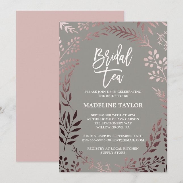 Invitación Elegante Rosa Fiesta de Oro y Té Gris Bridal (Anverso / Reverso)
