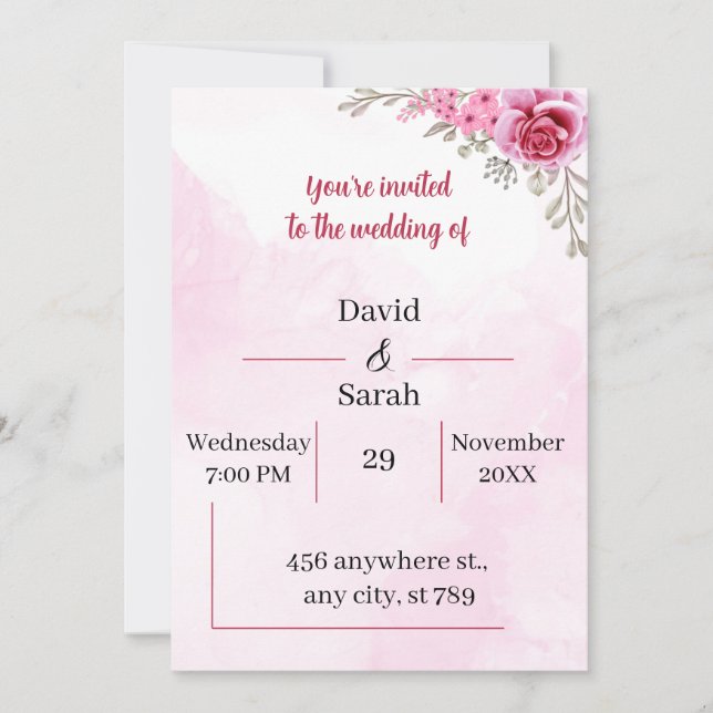Invitación Elegante Rosa Flor Boda personalizado (Anverso)