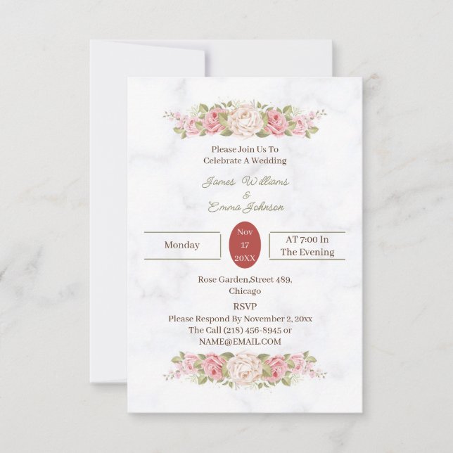 Invitación Elegante Rosa Flor Boda personalizado (Anverso)