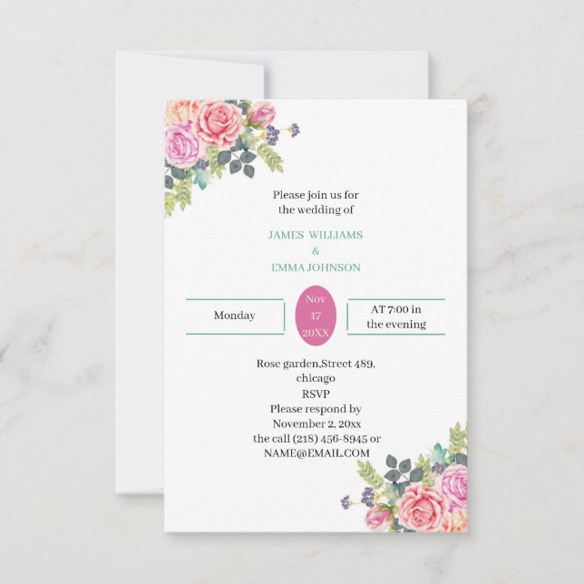 Invitación Elegante Rosa Flor Boda personalizado (Anverso)