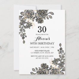Invitación Elegante Rosa Flor Negro y Oro Cumpleaños