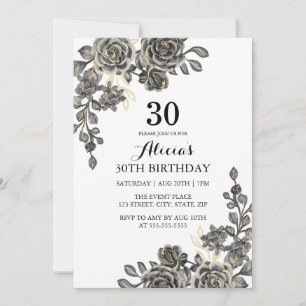 Invitación Elegante Rosa Flor Negro y Oro Cumpleaños