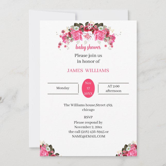 Invitación Elegante Rosa Flor Personalizada Baby Shower (Anverso)