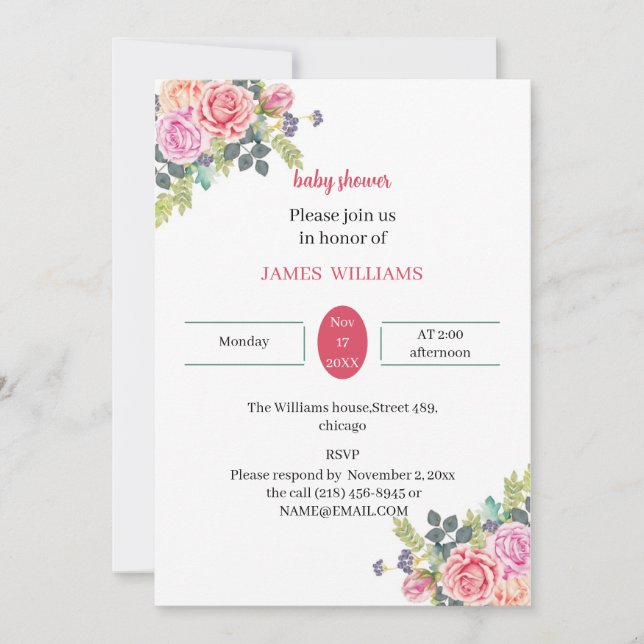 Invitación Elegante Rosa Flor Personalizada Baby Shower (Anverso)