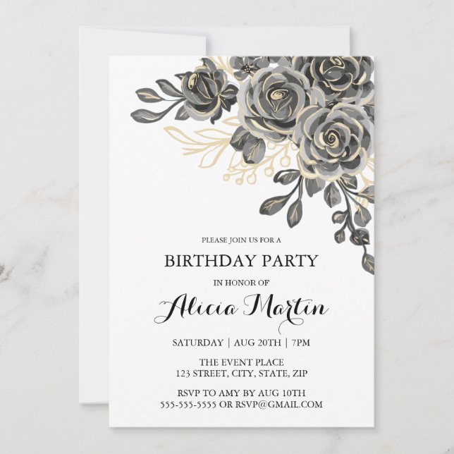 Invitación Elegante Rosa Flora Black & Gold Birday Party (Anverso)