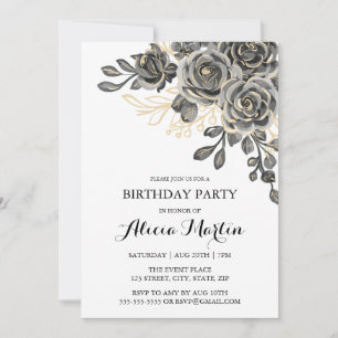 Invitación Elegante Rosa Flora Black & Gold Birday Party