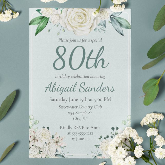 Invitación Elegante Rosa Floral 80 cumpleaños Fiesta de cualq (Subido por el creador)