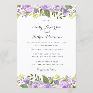 Invitación Elegante Rosa Floral Acuarela Púrpura Boda