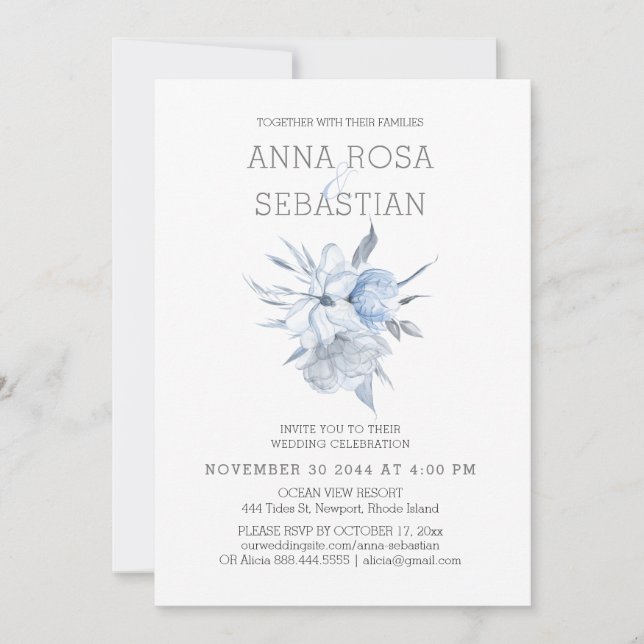 Invitación *~* Elegante Rosa floral azul AR15 WEDDING RSVP + (Anverso)