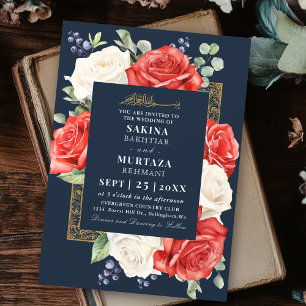 Invitación Elegante Rosa Floral Azul Boda Musulmana