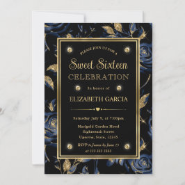 Invitación Elegante Rosa Floral Azul Marino y Dorado Cumpleañ