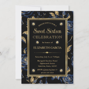Invitación Elegante Rosa Floral Azul Marino y Dorado Cumpleañ