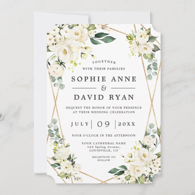 Invitación Elegante Rosa Floral Blanco Oro Todo En Un Boda (Anverso)