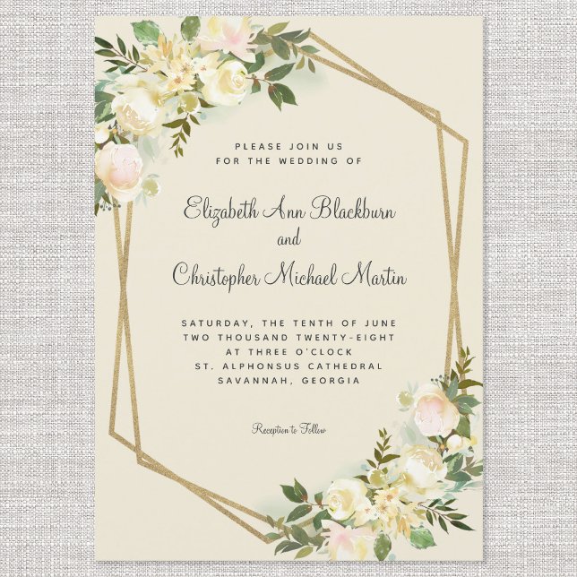 Invitación Elegante Rosa Floral Boda de marco dorado Eggshell (Subido por el creador)