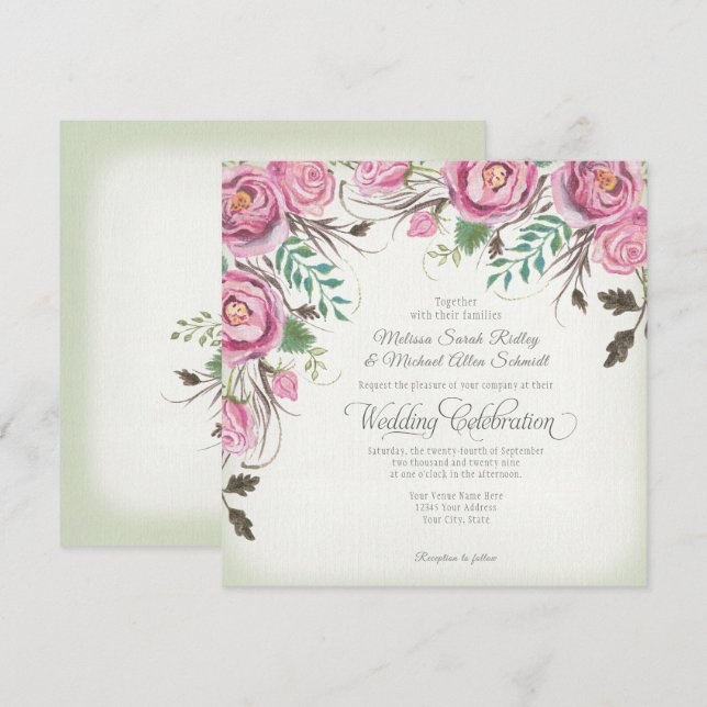 Invitación Elegante Rosa  floral Boda de sabio de verano (Anverso / Reverso)