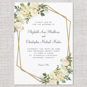 Invitación Elegante Rosa Floral Boda Dorado Geométrico Blanco