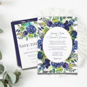 Invitación Elegante Rosa Floral Boda Navy Blanca Acuarela