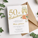 Invitación Elegante rosa floral cincuenta fabulosos 50 años<br><div class="desc">Moderno guión de moda de moda en oro 50 y años fabulosos invitación de fiesta de cumpleaños blancos con flautas de champán y rosas de melocotón beige rosado.</div>