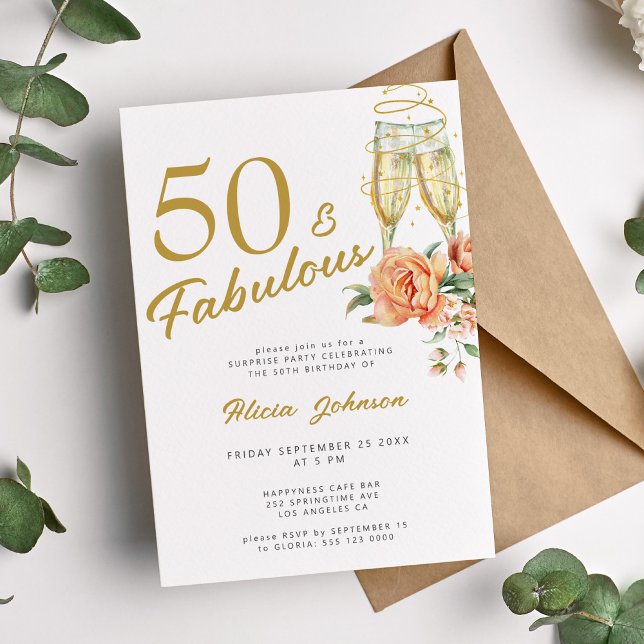 Invitación Elegante rosa floral cincuenta fabulosos 50 años (Subido por el creador)