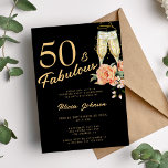 Invitación Elegante rosa floral cincuenta fabulosos 50 años<br><div class="desc">Moderno guión de moda de la caligrafía de moda de oro 50 y años fabulosos invitación de fiesta de cumpleaños negro con flautas de champán y rosas de melocotón beige rosado.</div>