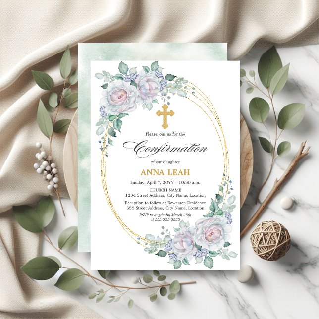 Invitación Elegante Rosa floral confirmación de cruz de oro (Elegant Floral Rose Gold Cross Confirmation Invite front and back view.)