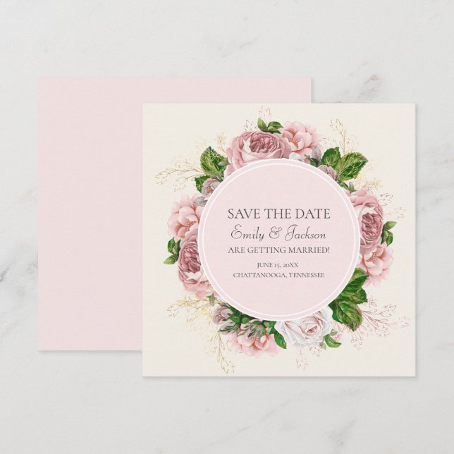 Invitación Elegante Rosa Floral Crema Guardar Fecha de Boda (Anverso / Reverso)