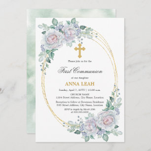 Invitación Elegante Rosa Floral Cruz de Oro Primera Comunión