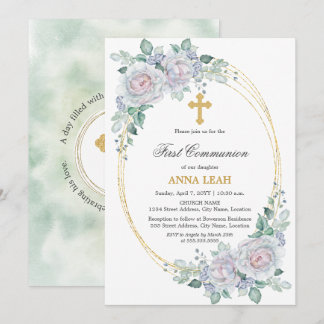 Invitación Elegante Rosa Floral Cruz de Oro Primera Comunión