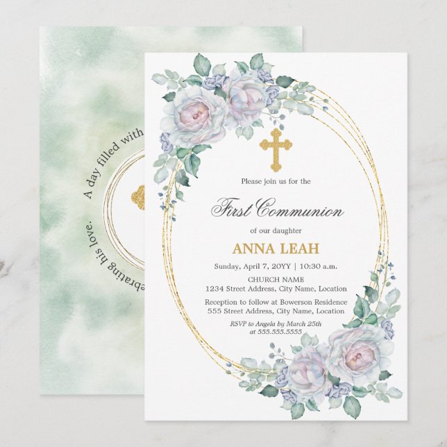 Invitación Elegante Rosa Floral Cruz de Oro Primera Comunión (Anverso / Reverso)