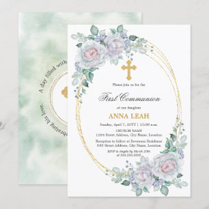 Invitación Elegante Rosa Floral Cruz de Oro Primera Comunión