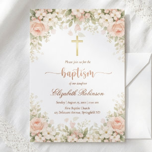 Invitación Elegante Rosa Floral Cruz Dorada Bautizo