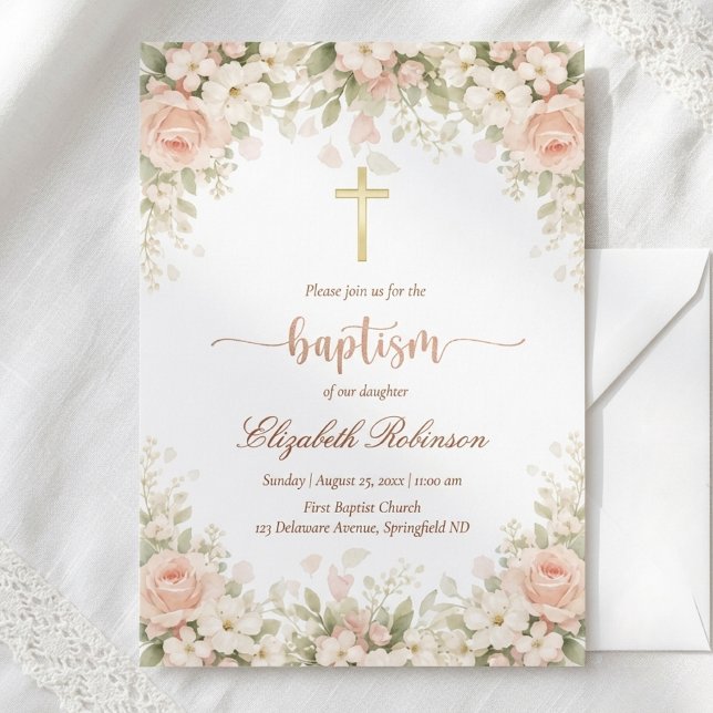 Invitación Elegante Rosa Floral Cruz Dorada Bautizo (Subido por el creador)