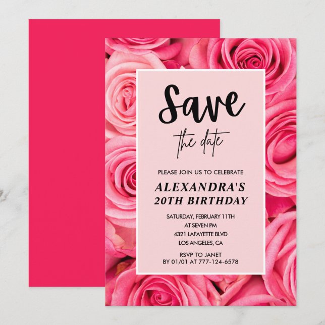 Invitación Elegante Rosa floral de 20 años Salven la fecha (Anverso / Reverso)