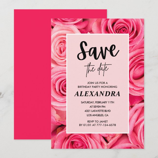 Invitación Elegante Rosa floral de 26 años Salva la fecha (Anverso / Reverso)