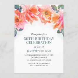 Invitación Elegante Rosa Floral de acuarela 50 cumpleaños