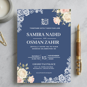 Invitación Elegante Rosa Floral de Encaje Azul Nikah Boda Mus
