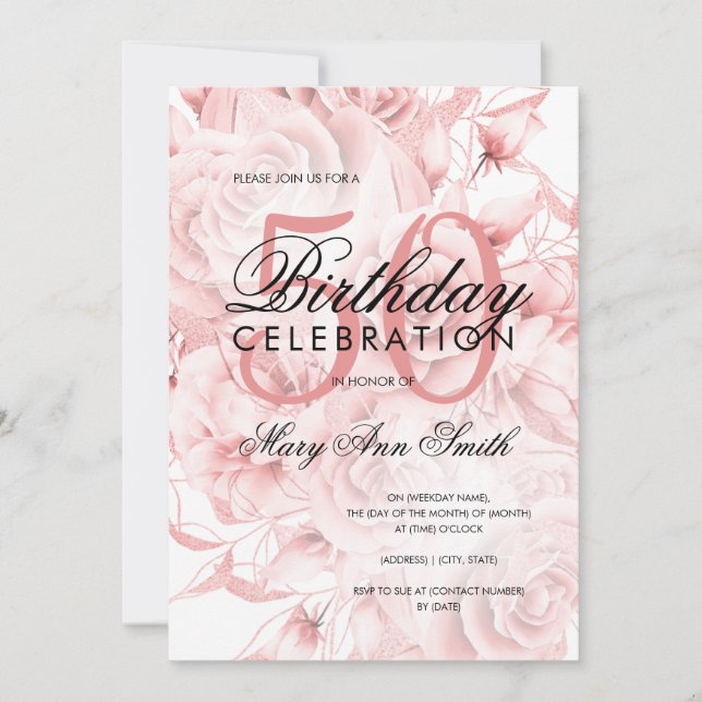 Invitación Elegante Rosa floral de la fiesta de cumpleaños nú (Anverso)