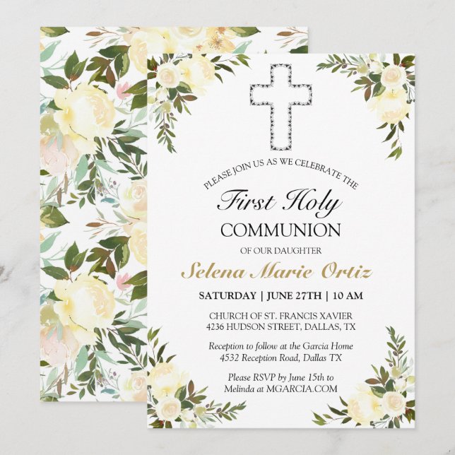 Invitación Elegante Rosa floral de marfil primera comunión sa (Anverso / Reverso)