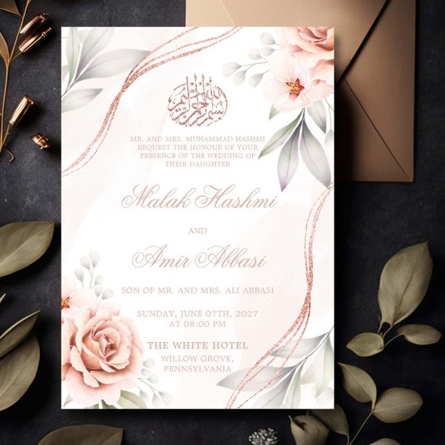 Invitación Elegante Rosa floral de oro boda musulmán islámico (Subido por el creador)
