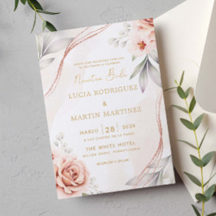 Invitación Elegante Rosa Floral de oro Nuestra Boda