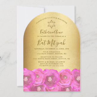 Invitación Elegante Rosa Floral de Rosa Bat Mitzvah Dorado